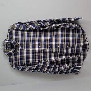 Lands' End No Iron Men's Button Down Plaid Shirt Blue Yellow